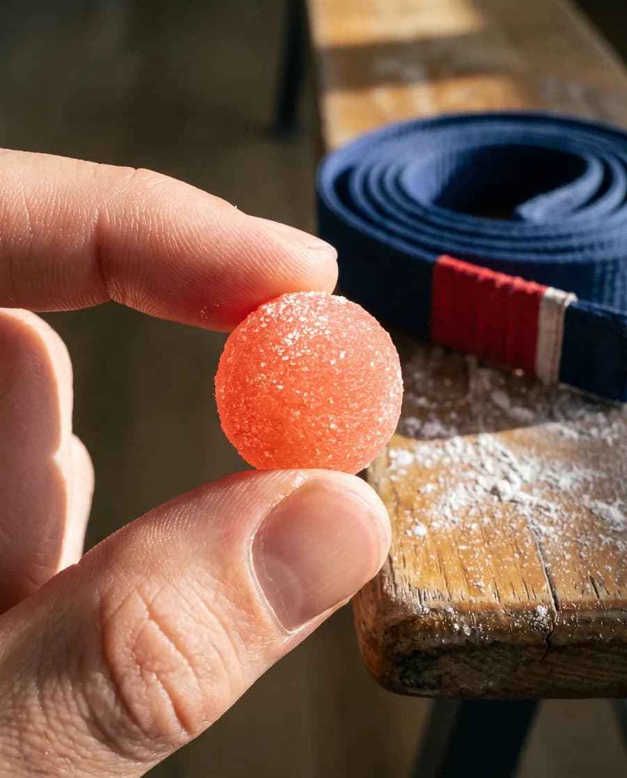 Una gomita OVRPWR en la mano antes de entrenar