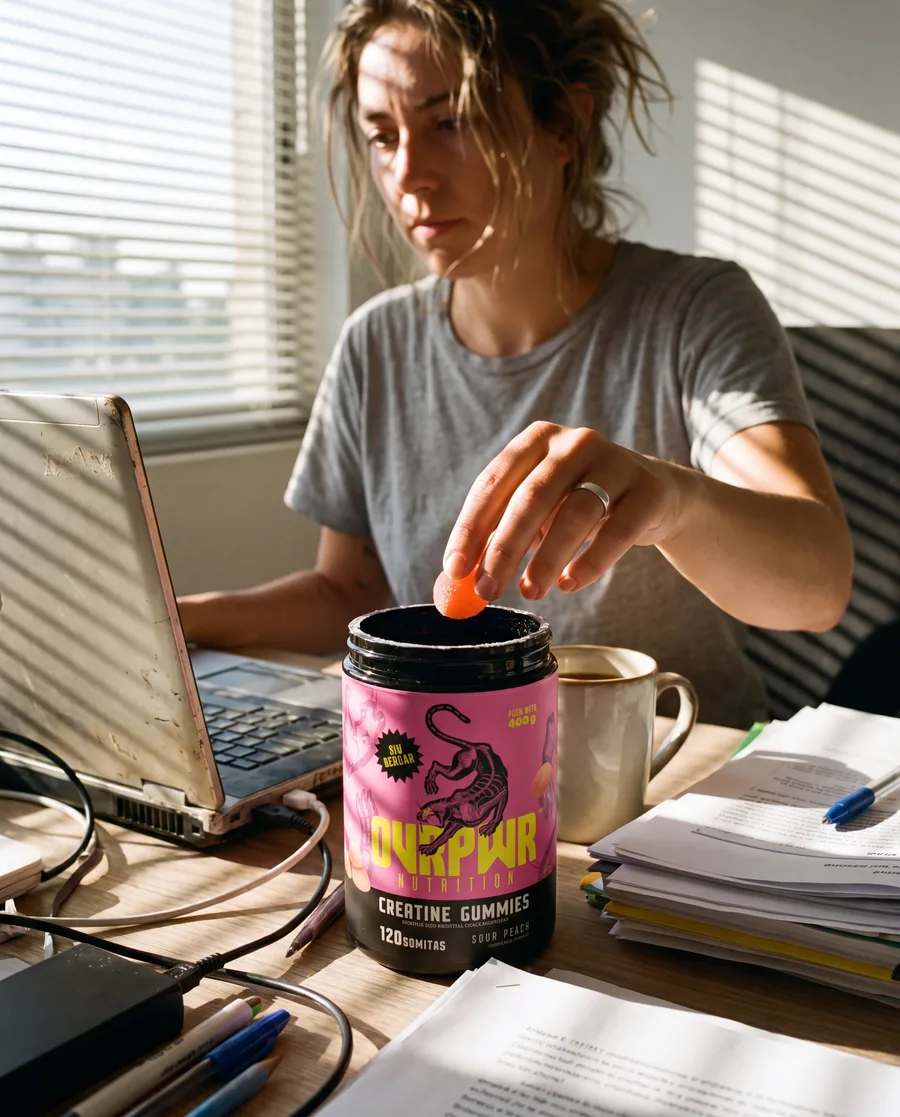 Tomando una gomita del tarro abierto sobre el escritorio