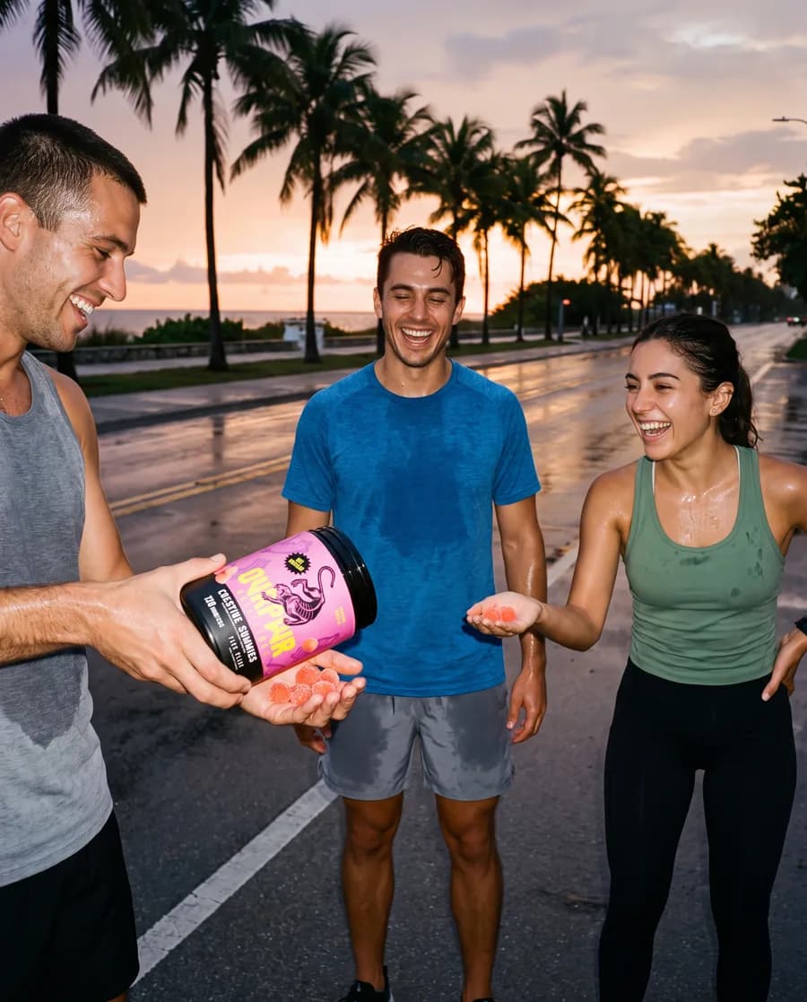 Compartiendo gomitas del tarro con dos amigos después de correr